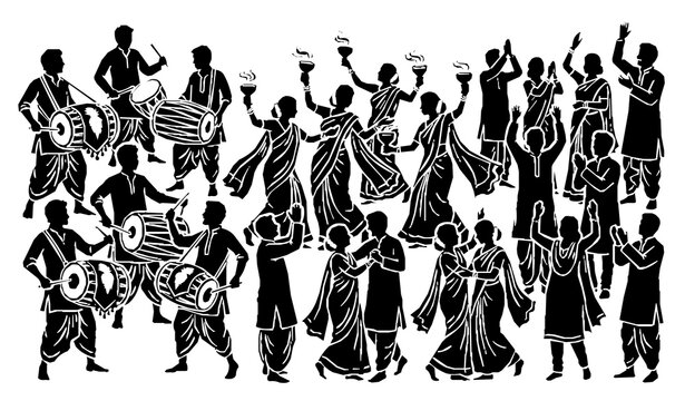 Indian Bengali family celebrating Durga Puja with Dhunuchi dance and Dhak drums silhouette vector set