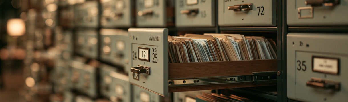 Vintage Archive System: Rows of vintage filing cabinets with numbered drawers, one partially open revealing a collection of old documents and records.