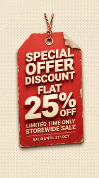 Vintage style red tag showcasing special discount offer flat twenty five percent off sale with valid until October 31st text advertising limited