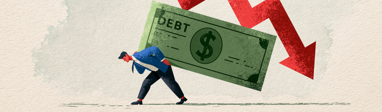 Financial Burden: A businessman struggles under the immense weight of a giant dollar bill labeled DEBT, symbolizing the crushing pressure of financial obligations.