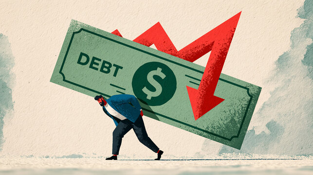 Financial Burden of Debt: A person struggles under the weight of a large banknote labeled DEBT, with a downward-trending red arrow symbolizing financial decline.