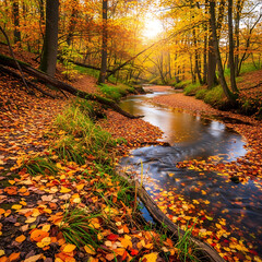 Golden autumn forest stream with fallen leaves © Rubel