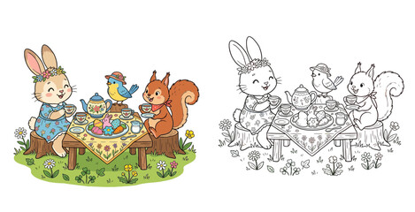 Fototapeta premium Cute Animals Tea Party with Rabbit Squirrel and Bird, Easter Picnic Illustration and Coloring Book Page for Kids