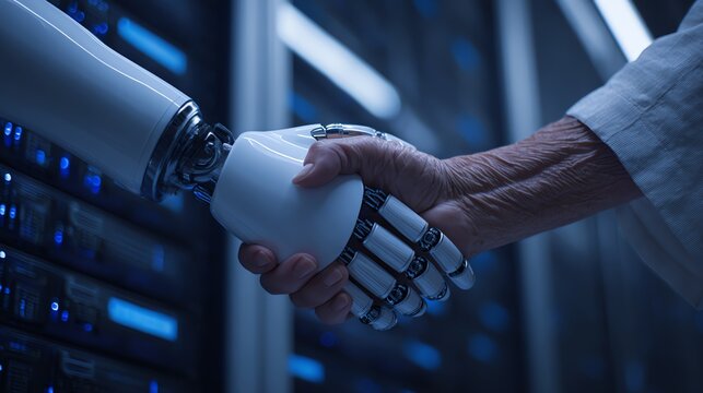 Human and robot handshake in technology setting.