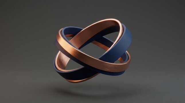 Interlocking metallic copper and blue rings on dark background.