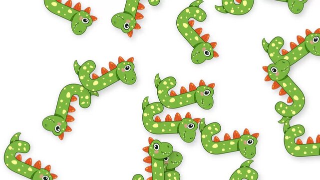 Animated Pattern of Cute Green Cartoon Dinosaurs Falling on White Background