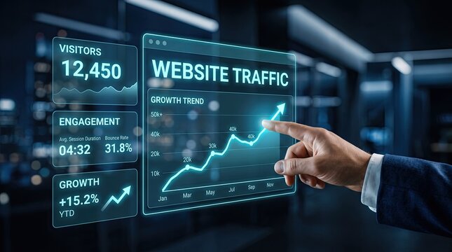 A business professional interacting with a digital holgraphic interface showing website traffic growth and data analytics charts