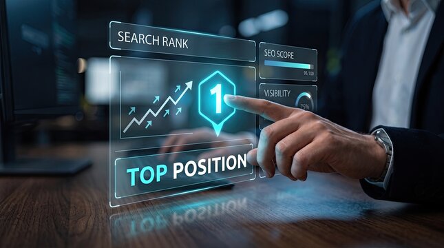 A business professional interacting with a futuristic holgraphic display showing top position ranking and financial growth charts in office