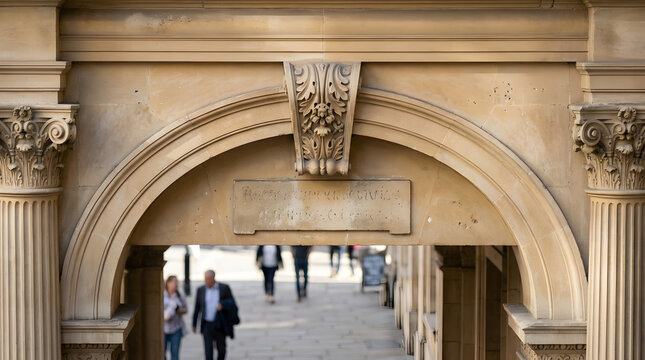 Ornate classical stone archway with detailed keystone carving and Corinthian columns, framing a sunlit urban street with blurred walking pedestrians in a historic city setting.