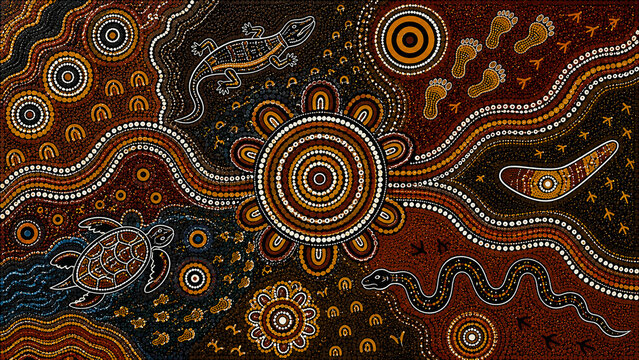 Traditional Aboriginal Dot Painting Pattern With Indigenous Australian Symbols and Earthy Colors
