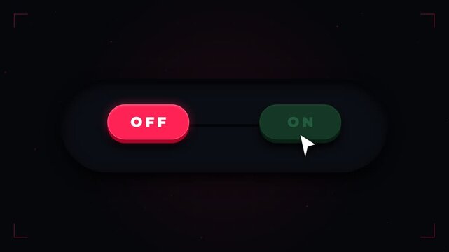 3D Animation of Cursor Clicking Red Off and Green On Toggle Buttons on Dark Background