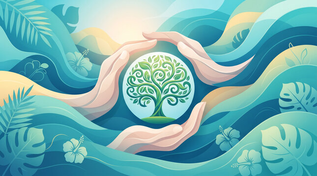 A vibrant illustration depicting two hands cradling a tree of life within a circular emblem, surrounded by stylized waves and tropical foliage, symbolizing growth and environmental protection
