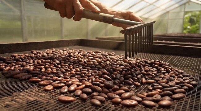 farmer raking cocoa beans on drying rack in greenhouse, sustainable agriculture, fair trade farming process, harvesting cacao