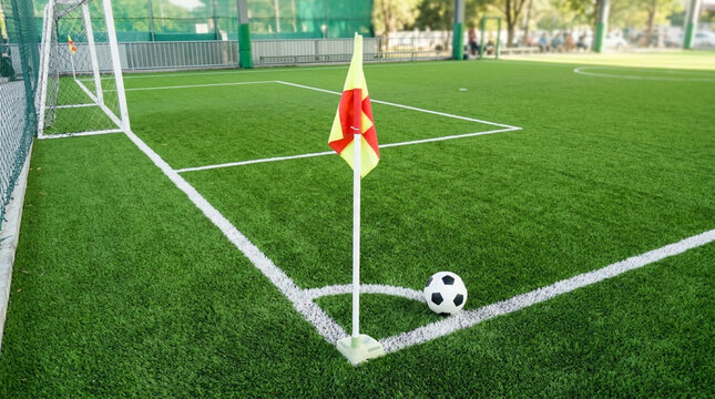 Soccer ball placed on the corner arc of a green artificial turf football field next to a red and yellow checkered flag with a white soccer goal and net visible in the background.