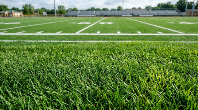 Low angle close up of lush green artificial turf on an American football field with yard line markers and stadium bleachers in the blurred background under a cloudy sky.