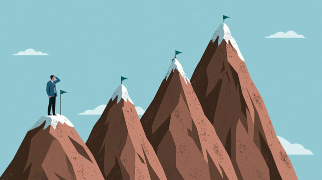 Journey to the Summit: A lone figure stands atop a snowy mountain peak, gazing at a series of challenging summits ahead, each marked by a flag, representing ambition and the pursuit of goals.