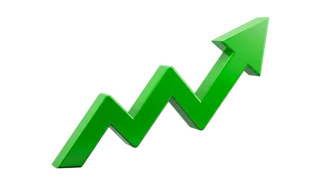 Green 3D Arrow Upward Growth Trend and Success Icon, Shiny Glossy Business Chart Arrow Isolated on Transparent Background, Stock Market Recovery PNG Cutout