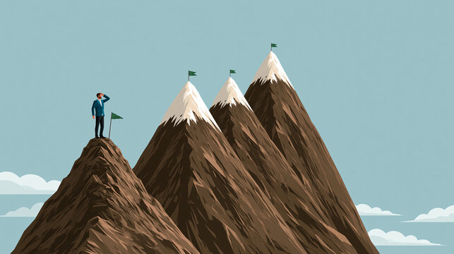 Ascent to Success: A lone figure stands atop a mountain peak, gazing at a series of higher summits marked with flags, symbolizing ambition and the journey towards achieving difficult goals.