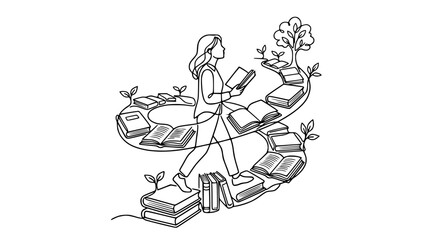 Fototapeta premium Woman walking on path of books, continuous line art, education concept