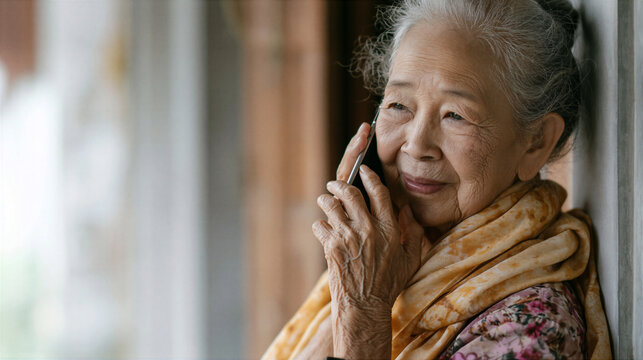 A senior asian old woman smiling while talking on phone portrait
