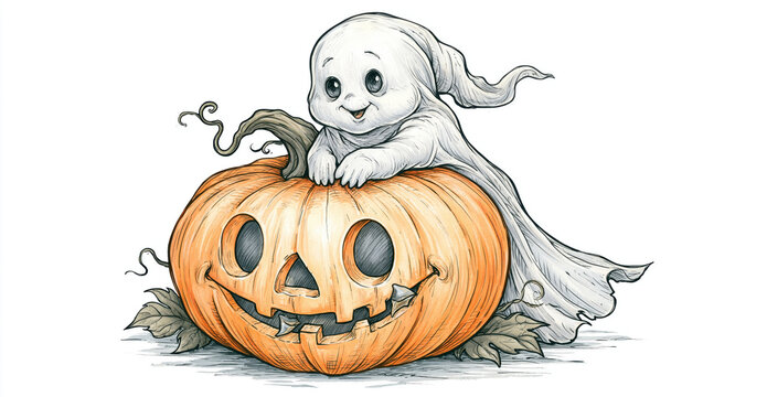 Cute ghost on pumpkin, whimsical Halloween illustration with smiling jack o lantern and flying sheet spirit