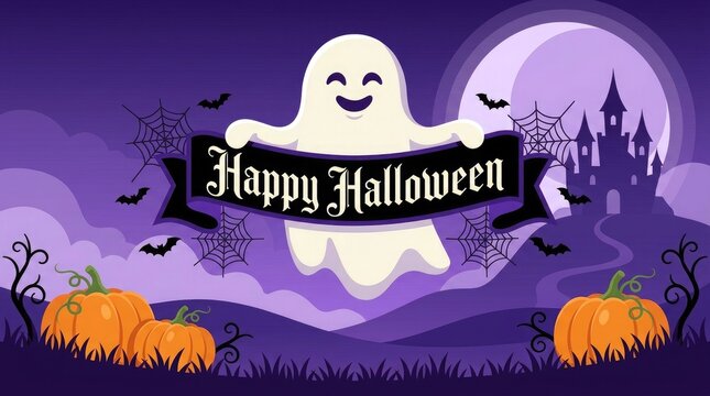 A festive purple halloween background featuring a cute ghost holding a happy halloween banner for holiday party invitations