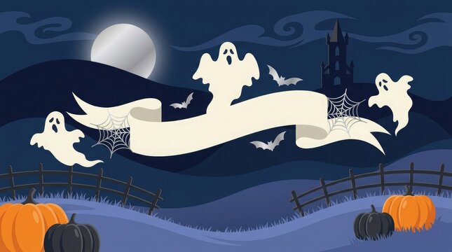 Spooky halloween background featuring a festive halloween banner with cute ghosts flying under a full moon at night