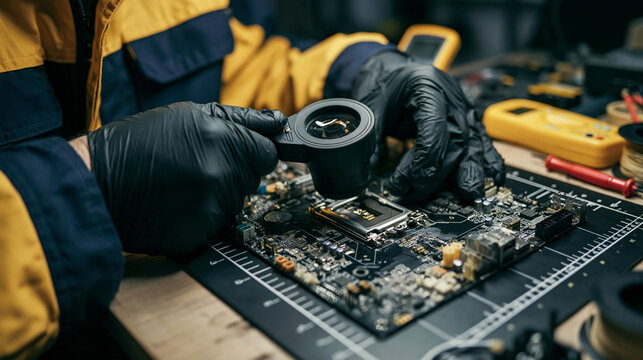 Computer Repair: A technician in gloves and work attire carefully inspects a damaged computer motherboard, surrounded by tools and electronic components, suggesting a complex repair process.