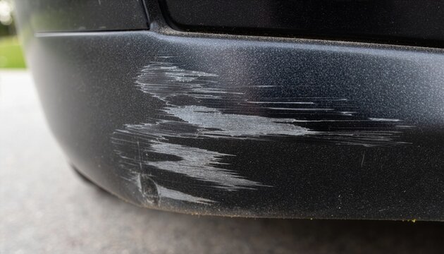 Macro close-up of bumper scratches and paint scuffs.