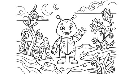 Fototapeta premium Friendly cartoon alien character waving hello on a whimsical planet with unusual plants and mushrooms under a crescent moon