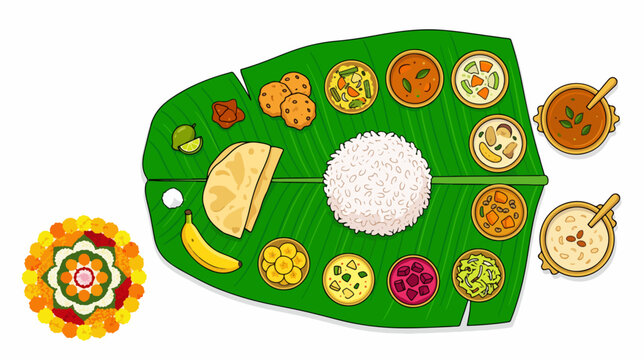 Onam Sadhya feast banana leaf illustration