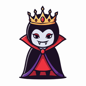 Cute chibi vampire queen mascot wearing a golden crown and royal cape on a white background.