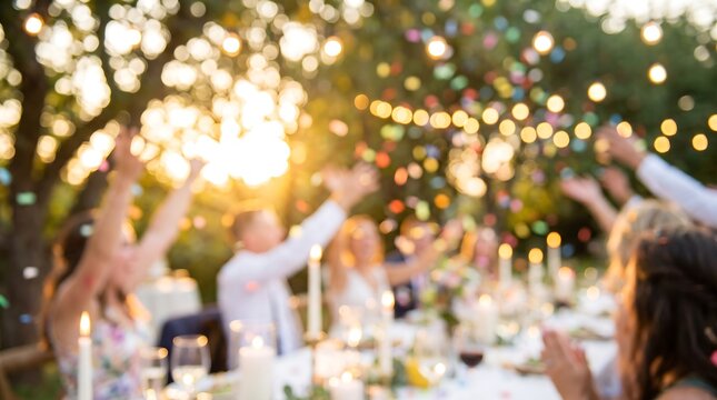 Joyful wedding guests throwing colorful confetti over happy bride and groom during outdoor reception dinner with warm glowing bokeh fairy lights in beautiful garden setting at sunset hour
