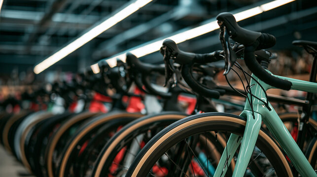 Row of Racing Bicycles: A line of sleek racing bicycles is neatly arranged indoors, showcasing their aerodynamic frames and drop handlebars, ready for a ride.