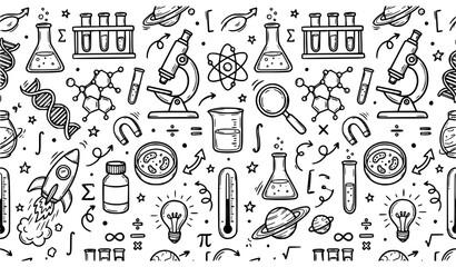 Hand drawn science doodle pattern with laboratory chemistry biology and physics symbols © Chhalaha