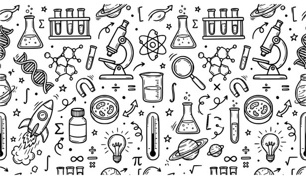 Hand drawn science doodle pattern with laboratory chemistry biology and physics symbols