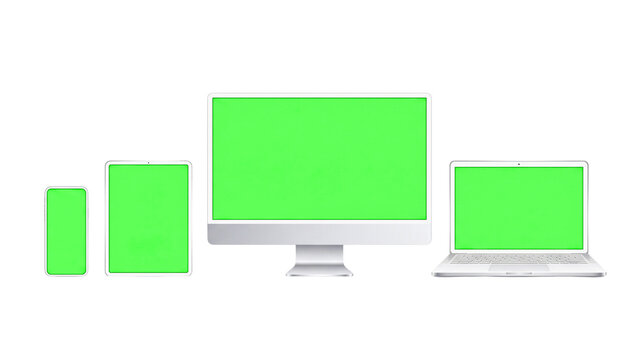 Minimal digital device mockups featuring smartphones, tablets, monitors, and laptops.