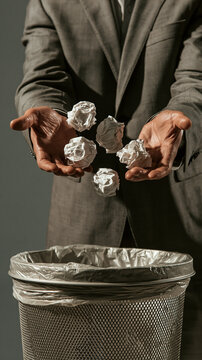 Discarding Ideas: A businessman in a suit holds out his hands, dropping crumpled paper balls into a trash can, symbolizing failed attempts and the need to rethink strategy.