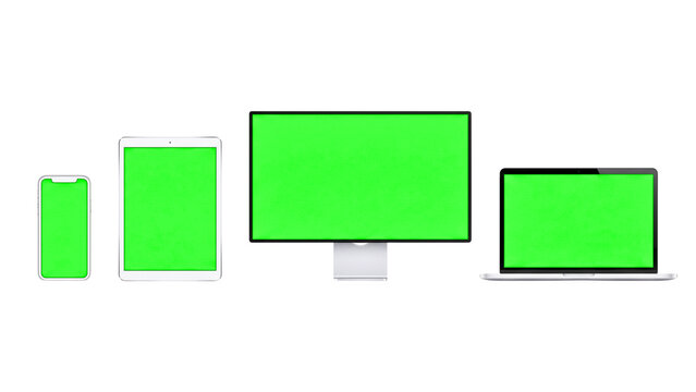 Collection of smartphone, tablet, monitor, and laptop mockups with bright green screens.
