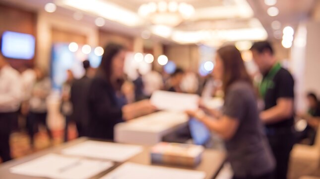 Friendly staff members helping visitors at registration desk during busy corporate conference event in bright lobby area with blurred background providing excellent customer service
