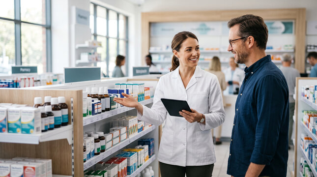 Pharmacist explains over-the-counter healthcare options to customer in modern pharmacy, supporting medication guidance, wellness, patient service and informed health decisions with copy space.