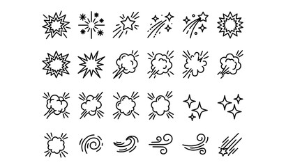 Cartoon Explosion and Sparkle Line Icons Outline Vector Set on White Background © rifat