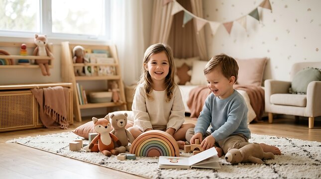 Happy young siblings playing together in a cozy scandinavian playroom