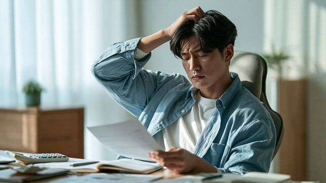 Stressed Young Man at Desk: A young man sits at his desk, looking overwhelmed as he holds a document and rubs his head in frustration, surrounded by scattered papers and a calculator.