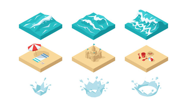 Isometric Beach and Ocean Wave Element Set with Sand Castle Sea Water Waves Splash Droplets Umbrella Towel and Toy Shovel Bucket Symbols