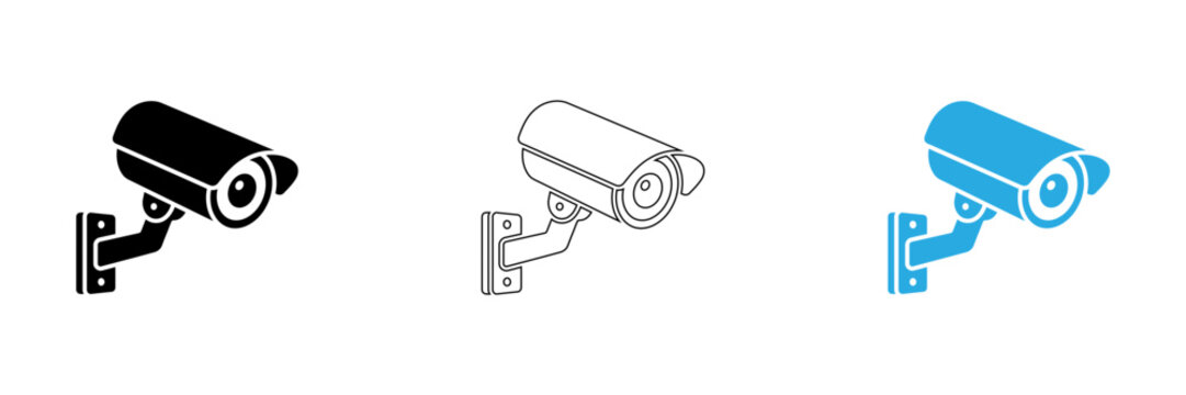 Three security cameras icon set in different styles isolated on transparent background, Vector