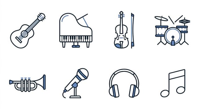 Set of hand drawn musical instruments and audio equipment icons including guitar piano violin drums trumpet microphone and headphones