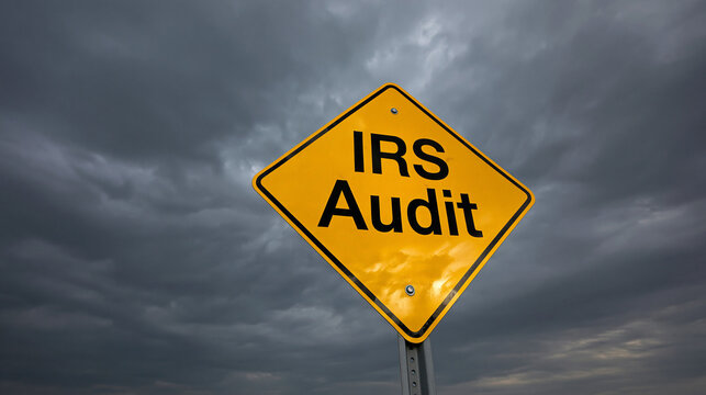 Warning of Financial Scrutiny: A yellow diamond-shaped warning sign displays IRS Audit ominously against a dramatic, stormy sky, signaling an impending financial review.