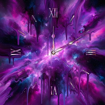 Surreal clock face melting into a vibrant purple galaxy background with glowing cosmic stars