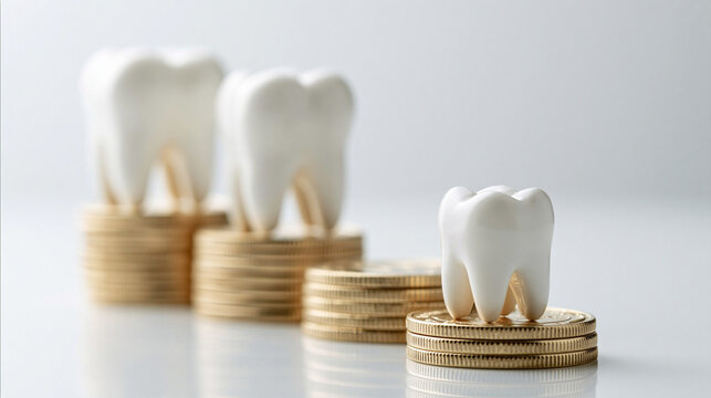 Dental Health Investment: A symbolic representation of dental care costs and value, with teeth placed atop stacks of coins, illustrating the financial aspect of oral hygiene.